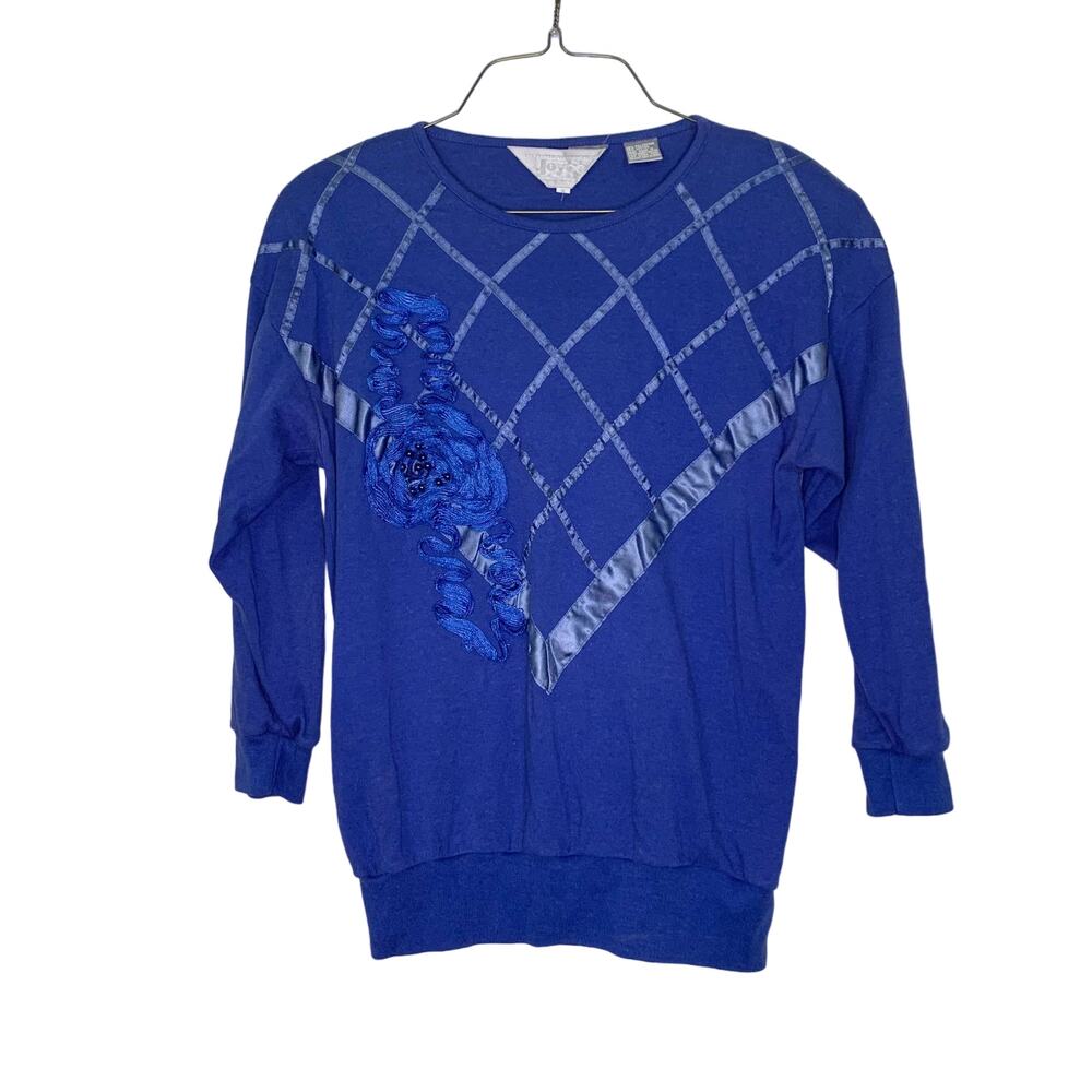 VTG 80s royal blue ribbon floral applique dolman‎ sleeve blouse SMALL